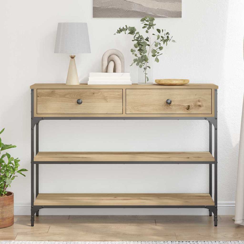 Konzolasztal fiókkal polcokkal kézműves tölgy 100 x 25 x 75 cm