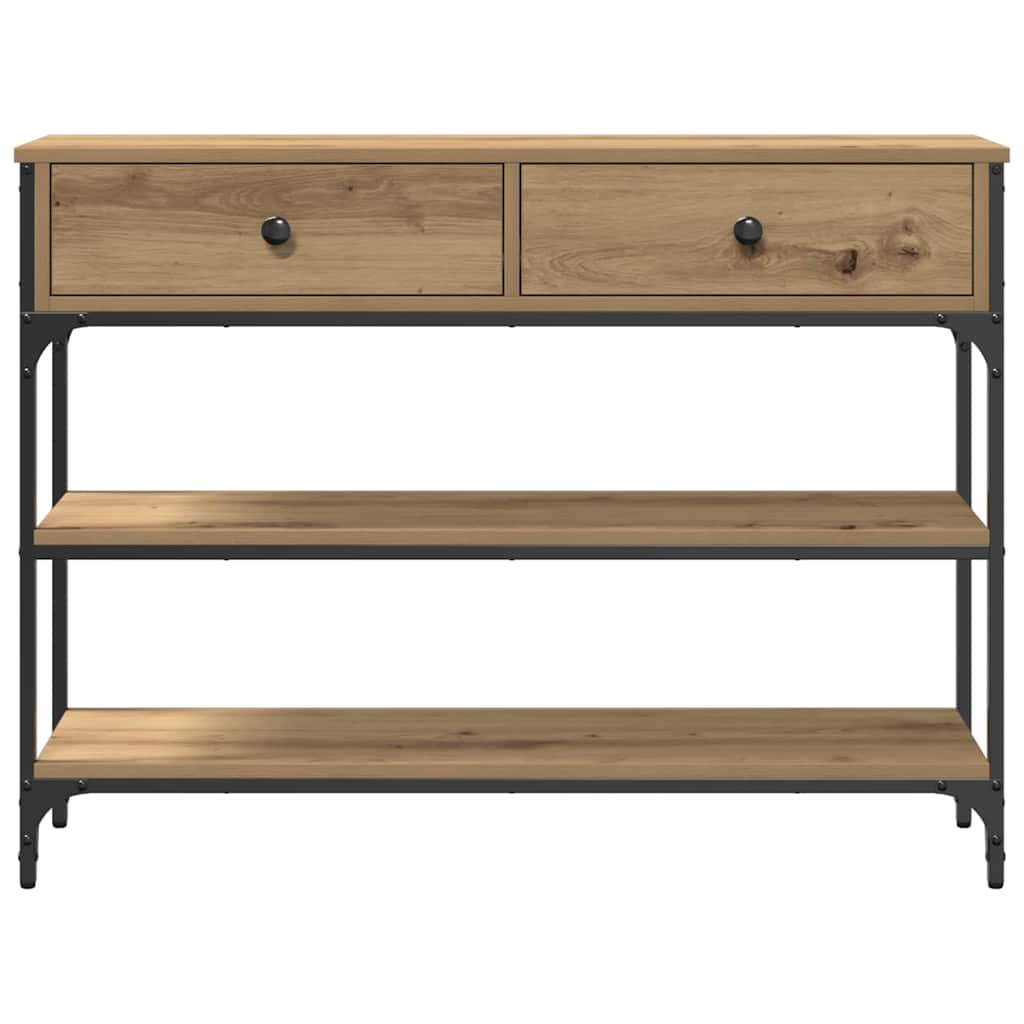 Konzolasztal fiókkal polcokkal kézműves tölgy 100 x 25 x 75 cm