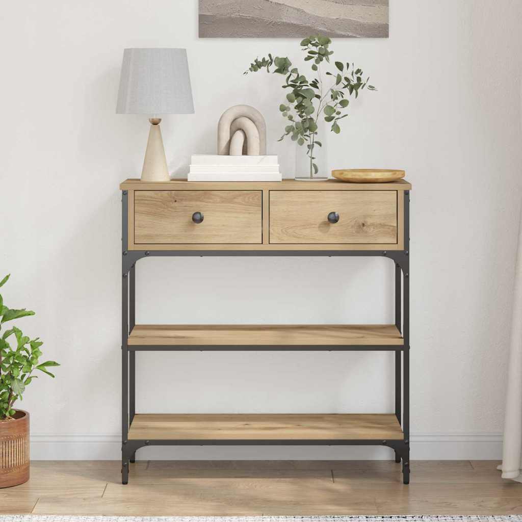 Konzolasztal fiókkal polcokkal kézműves tölgy 72,5 x 25 x 75 cm