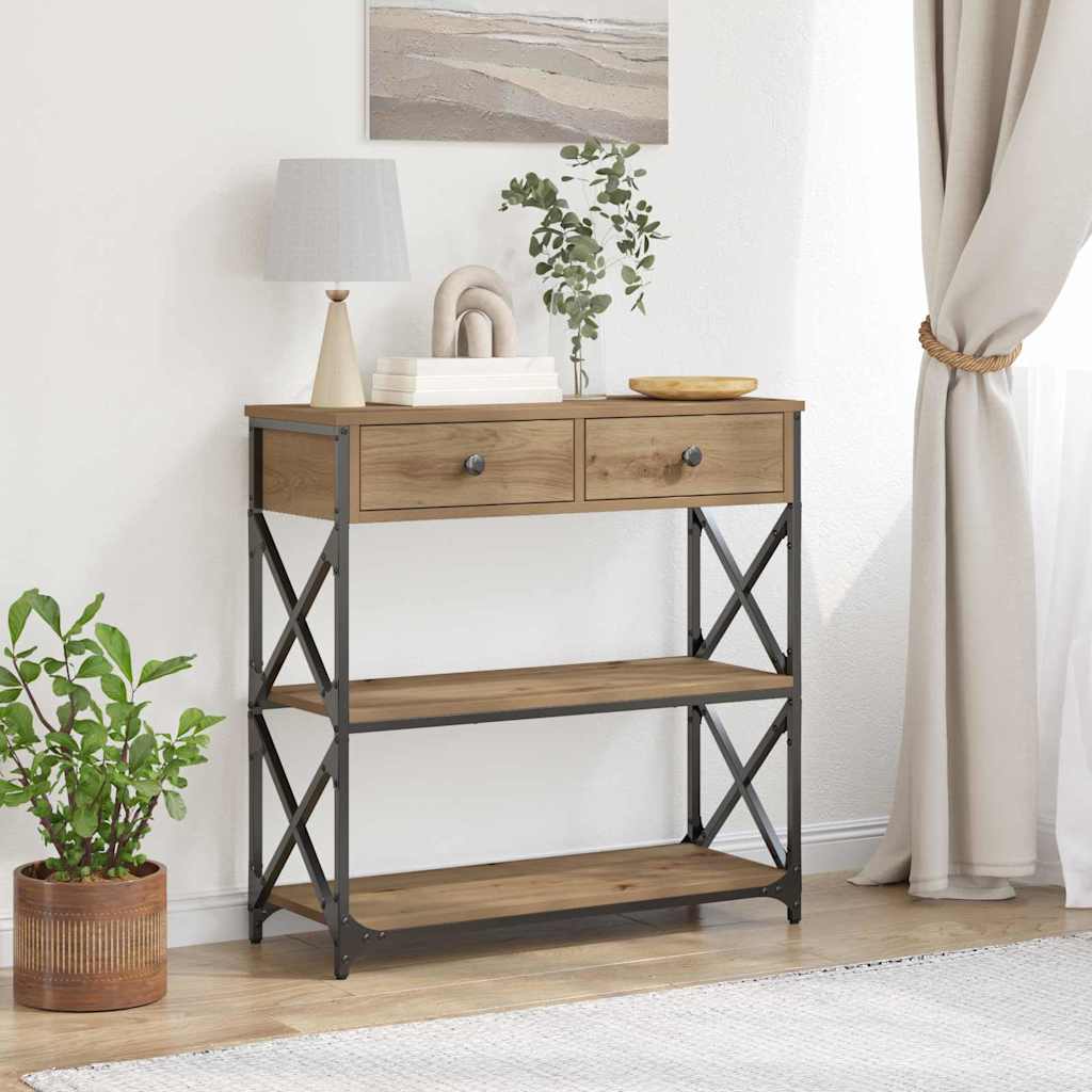 Konzol Asztal fiókkal polcokkal kézműves tölgy 75 x 28 x 75 cm