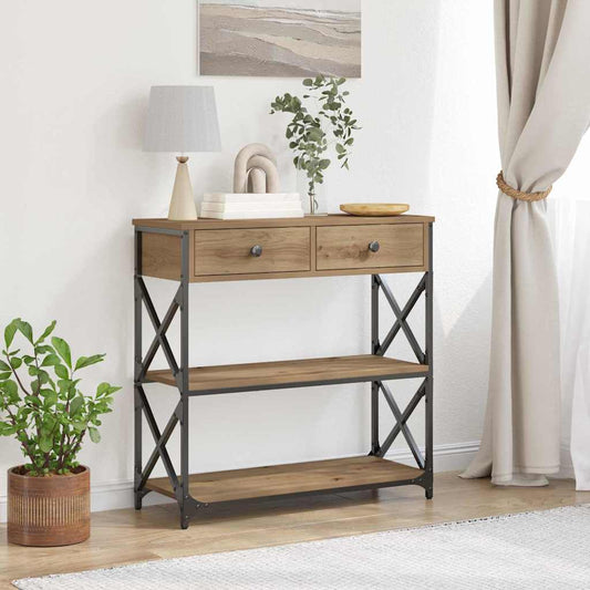 Konzol Asztal fiókkal polcokkal kézműves tölgy 75 x 28 x 75 cm