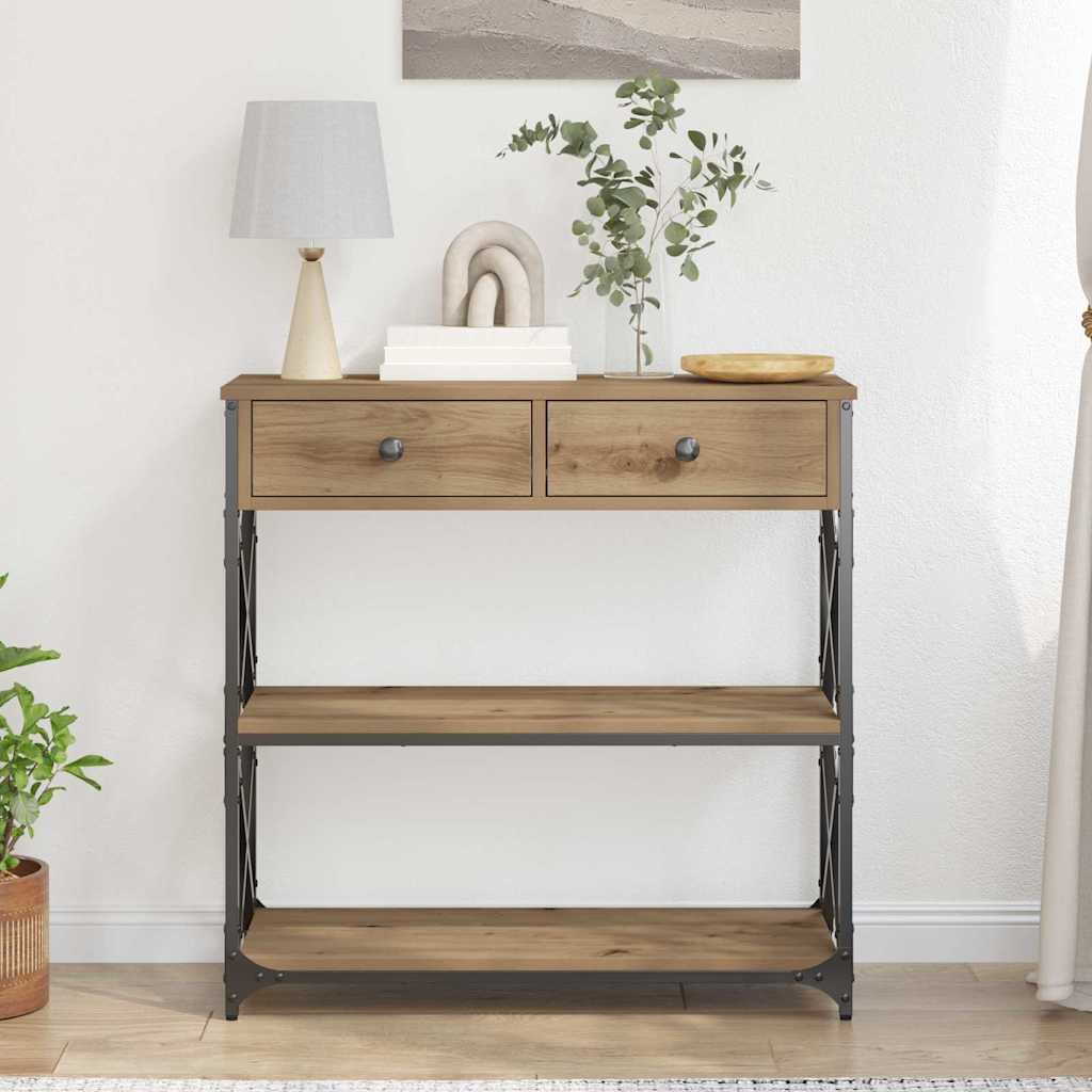 Konzol Asztal fiókkal polcokkal kézműves tölgy 75 x 28 x 75 cm