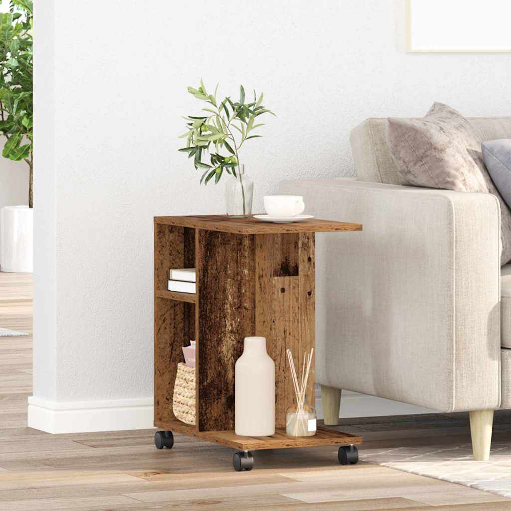 Oldalasztal polcokkal kerékkel Régi fa 50 x 30 x 55 cm Faanyag