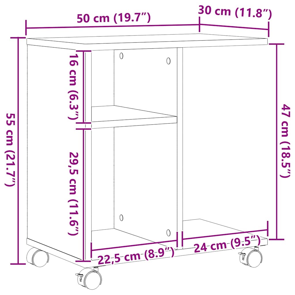 Oldalasztal polcokkal kerékkel Régi fa 50 x 30 x 55 cm Faanyag