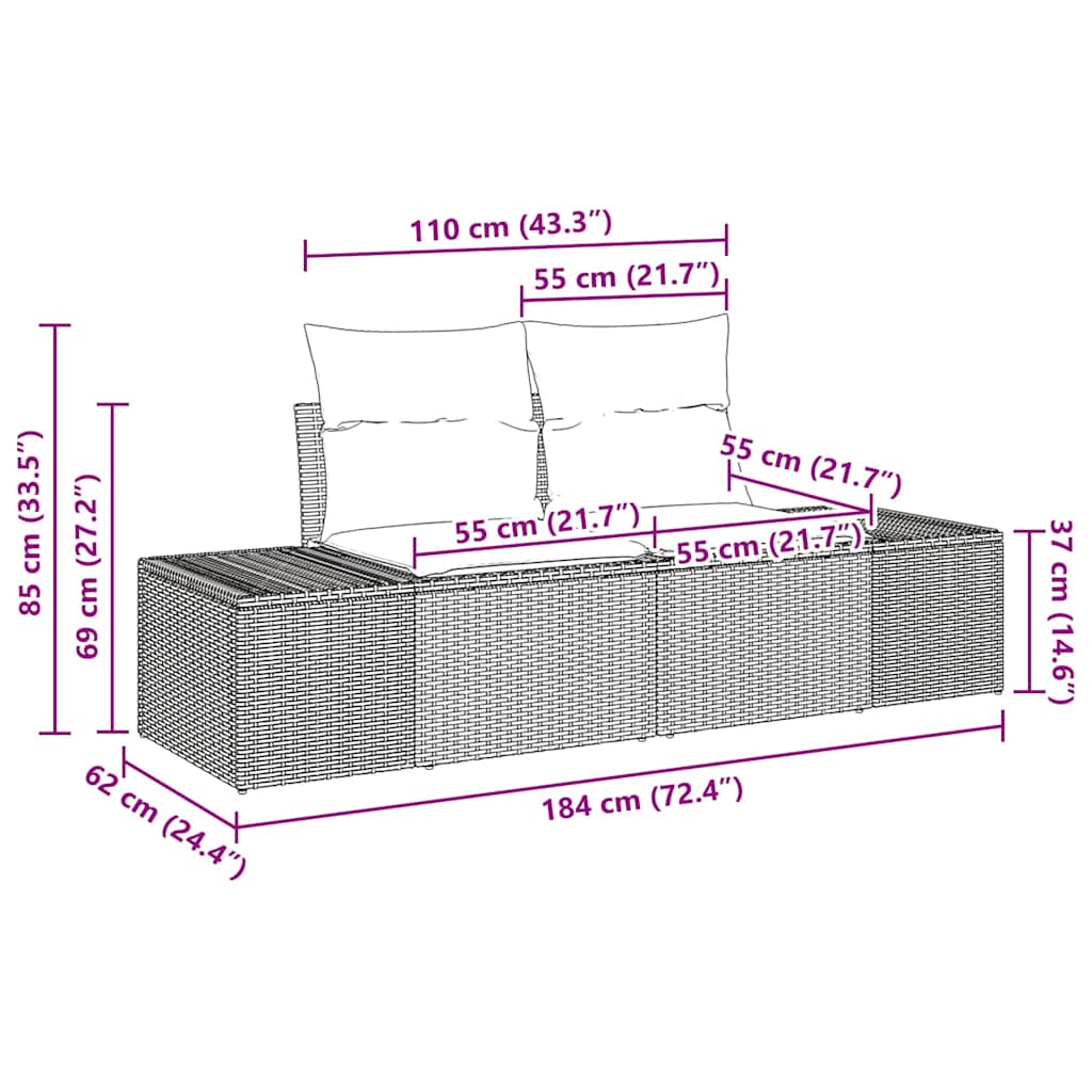 Kerti Kanapé Szett párnával 9 pcs Fekete Poli rattan