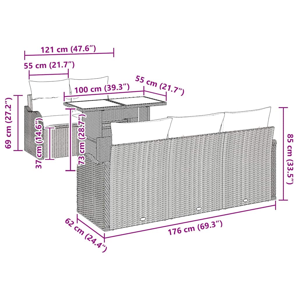 Kerti Kanapé Szett párnával 6 pcs Fekete polirattan