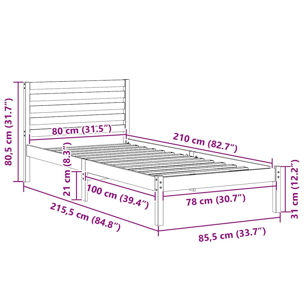 Ágykeret fejtámlával Fehér 80 x 210 cm Tömör fenyőfa
