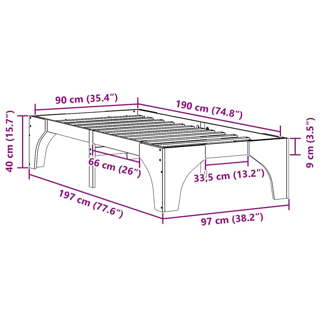 Földi ágykeret Fehér 90 x 190 cm Tömör fenyőfa
