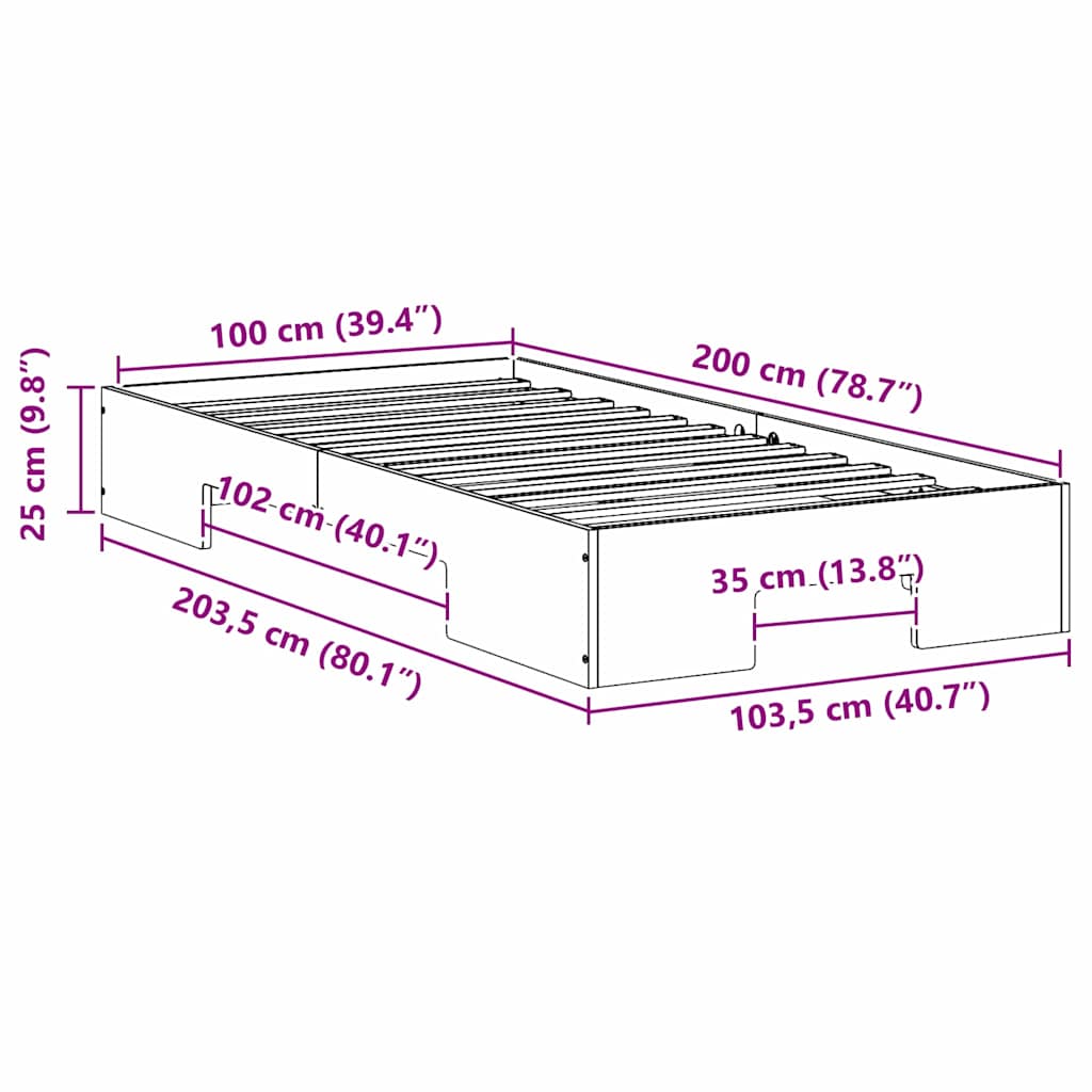 Földi ágykeret tárolóval Fehér 100 x 200 cm Tömör fenyőfa