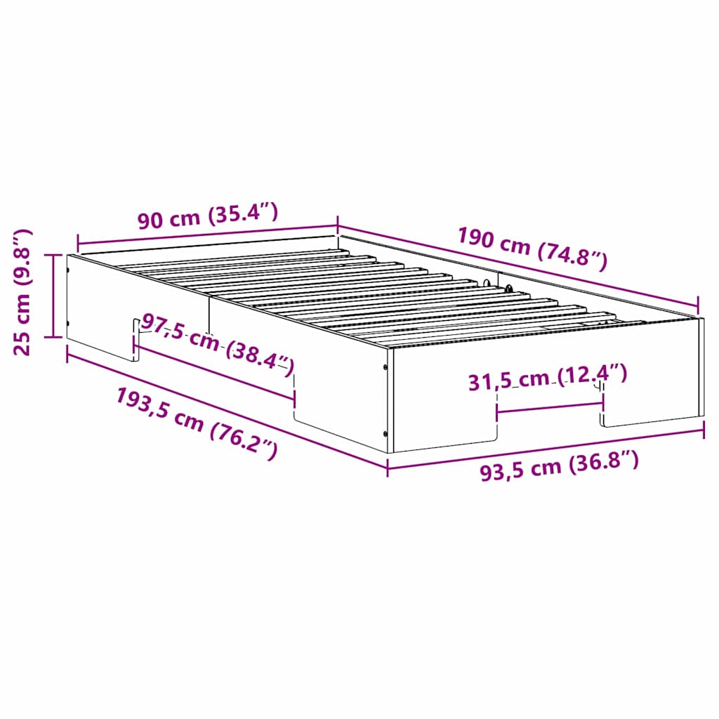 Földi ágykeret tárolóval Fehér 90 x 190 cm Tömör fenyőfa