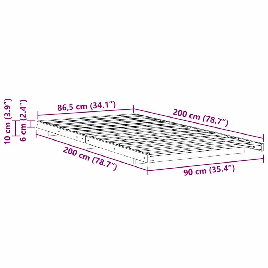 Földi ágykeret Fehér 90 x 200 cm Tömör fenyőfa