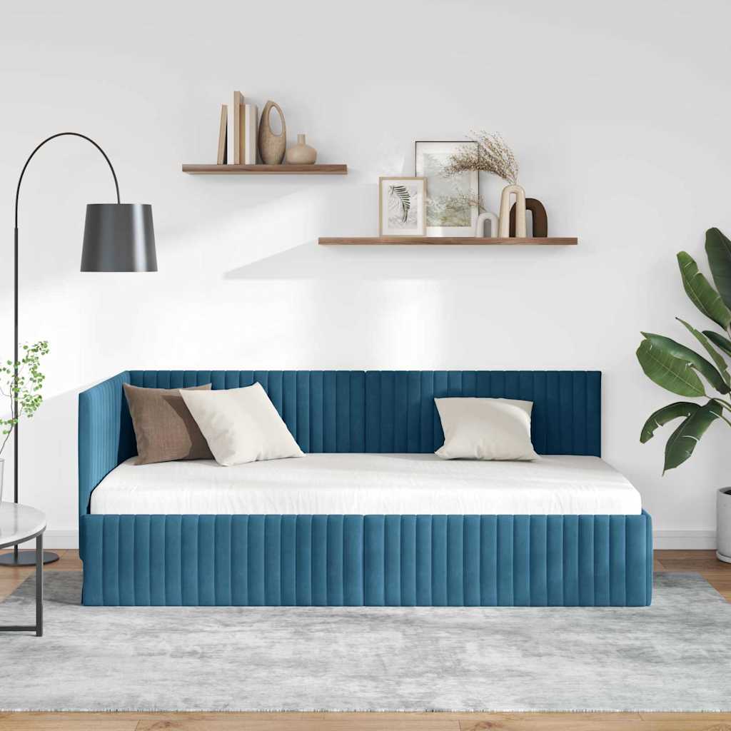 Sarokágy keret fejtámlával Kék 90 x 190 cm Bársony