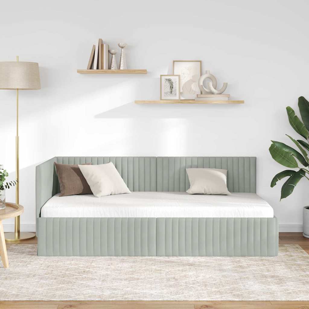 Sarokágy keret fejtámlával Világosszürke 90 x 190 cm Bársony