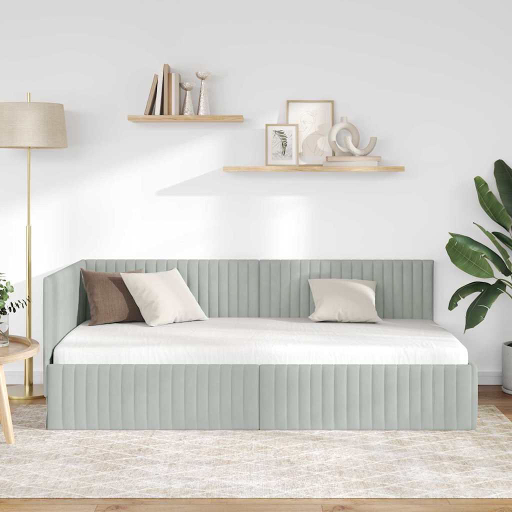 Sarokágy keret fejtámlával Világosszürke 90 x 200 cm Bársony