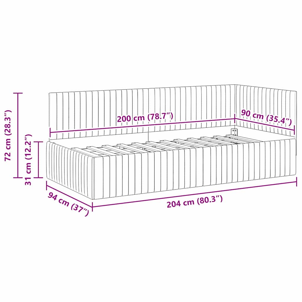 Sarokágy keret fejtámlával Sötétszürke 90 x 200 cm Bársony