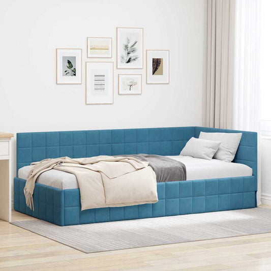 Sarokágy keret fejtámlával Kék 90 x 190 cm Bársony
