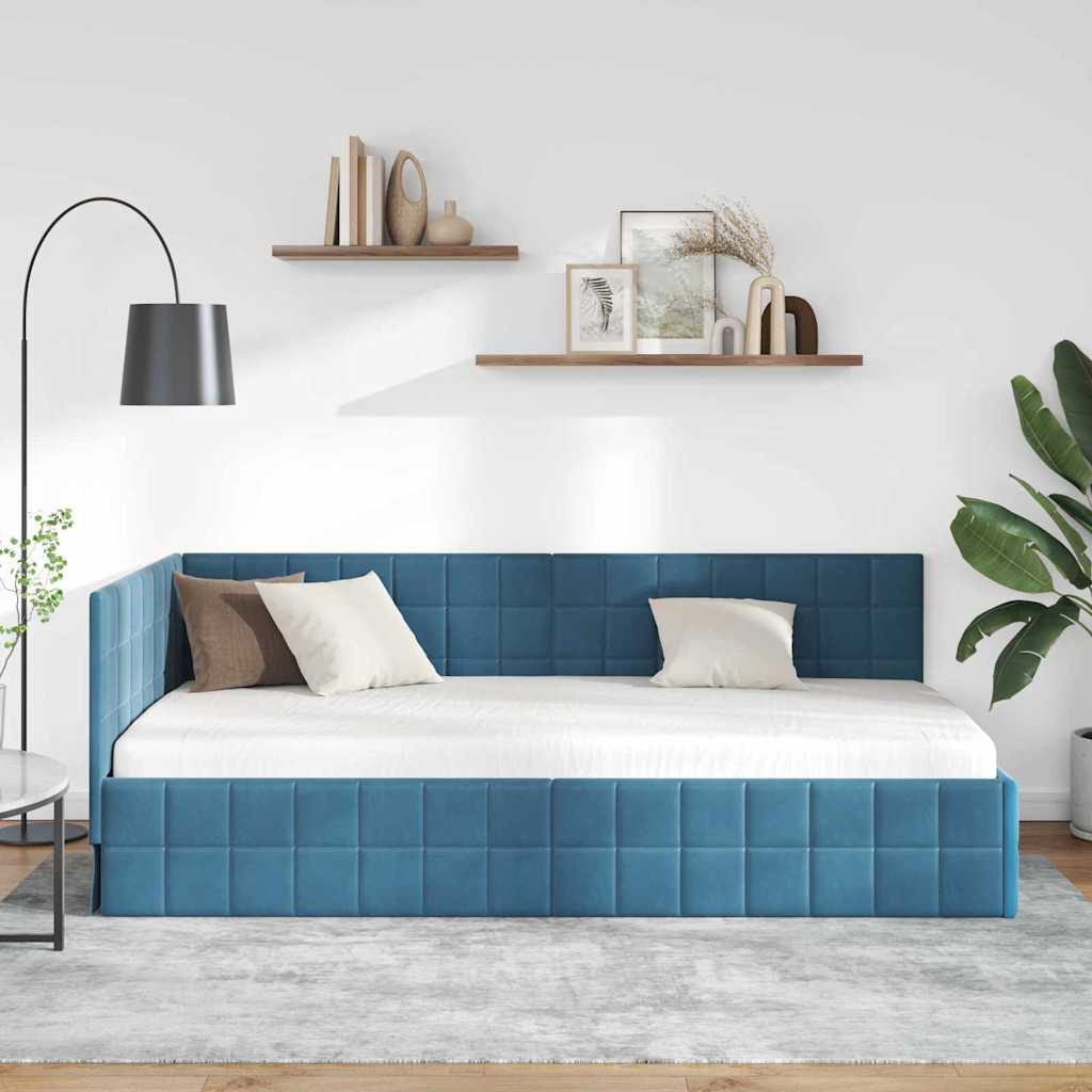 Sarokágy keret fejtámlával Kék 90 x 190 cm Bársony