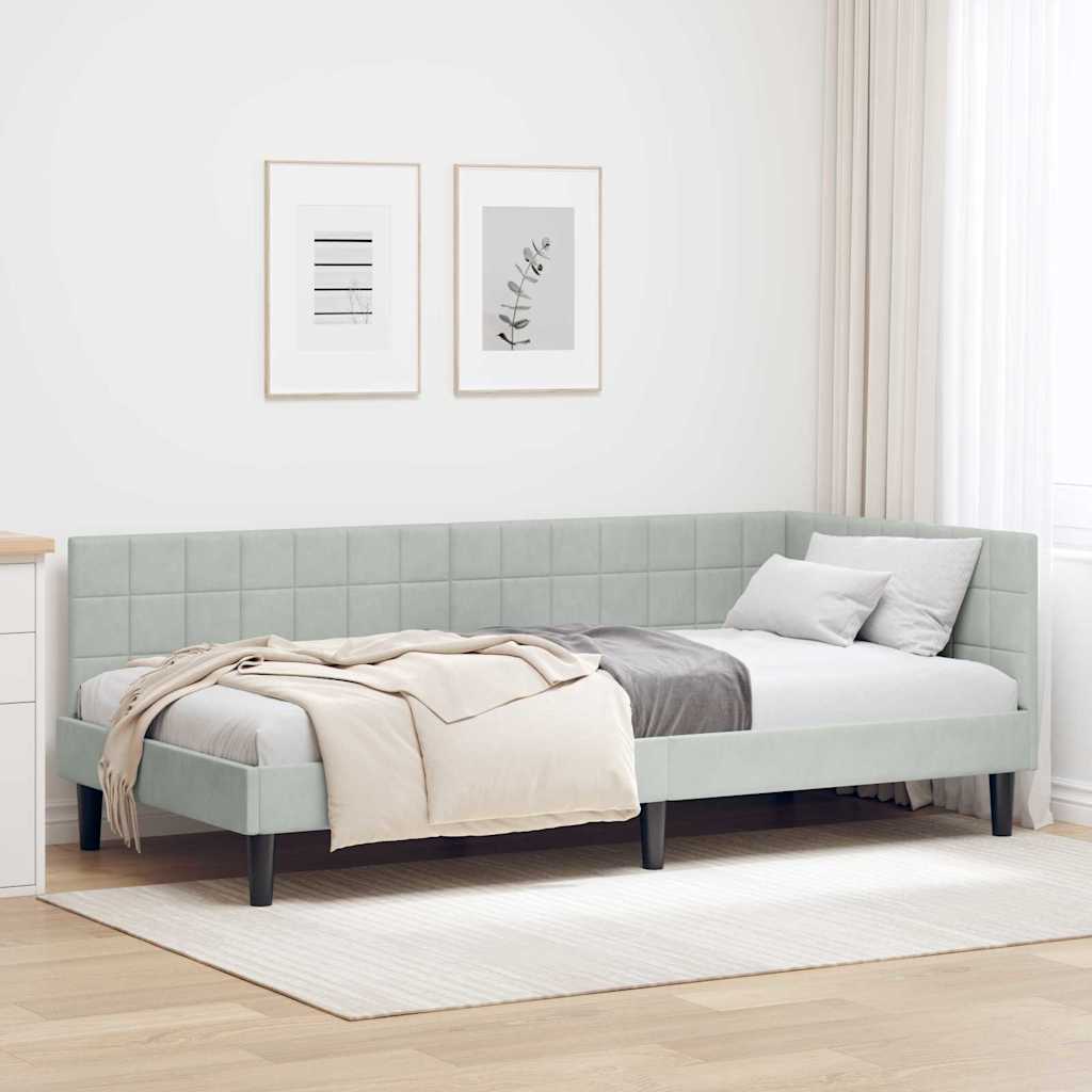 Sarokágy keret fejtámlával Világosszürke 90 x 200 cm Bársony