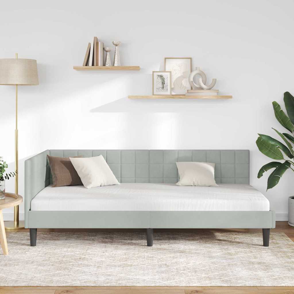 Sarokágy keret fejtámlával Világosszürke 90 x 200 cm Bársony