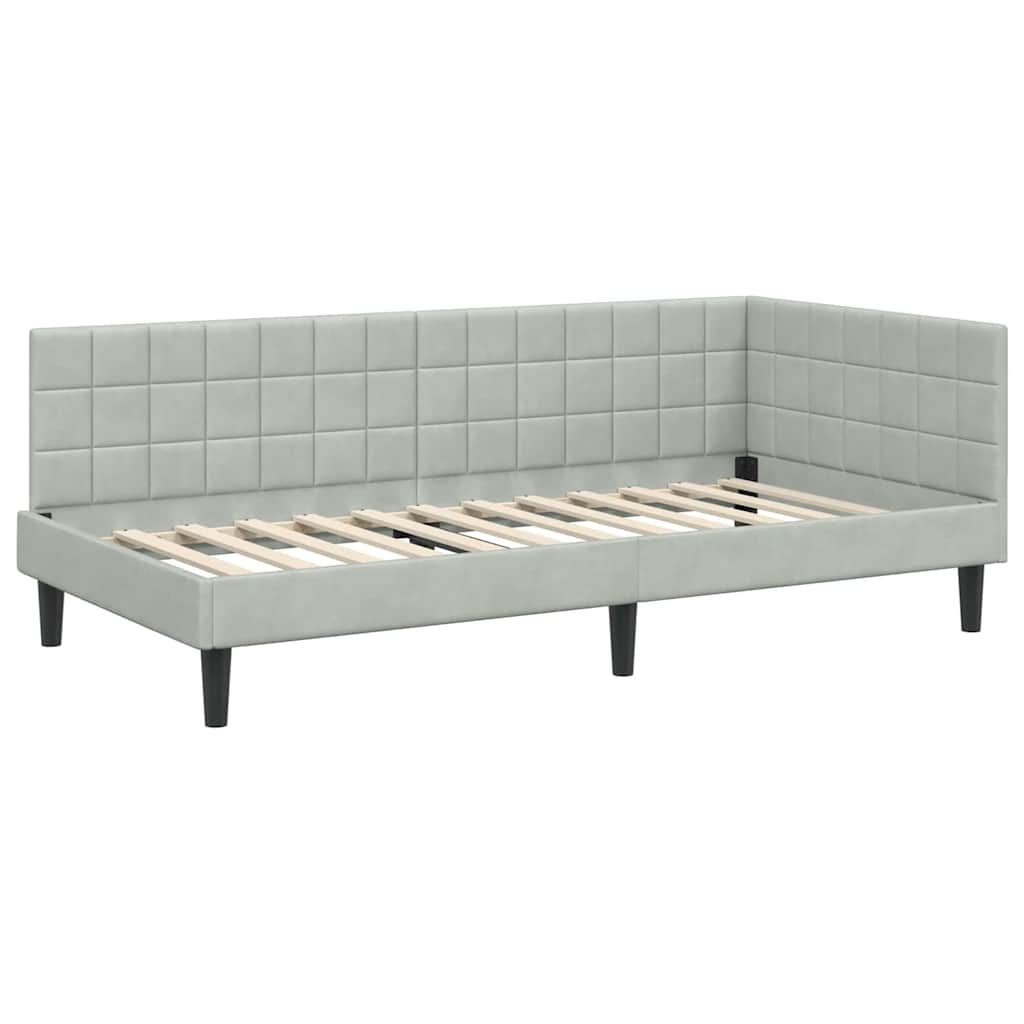 Sarokágy keret fejtámlával Világosszürke 90 x 200 cm Bársony