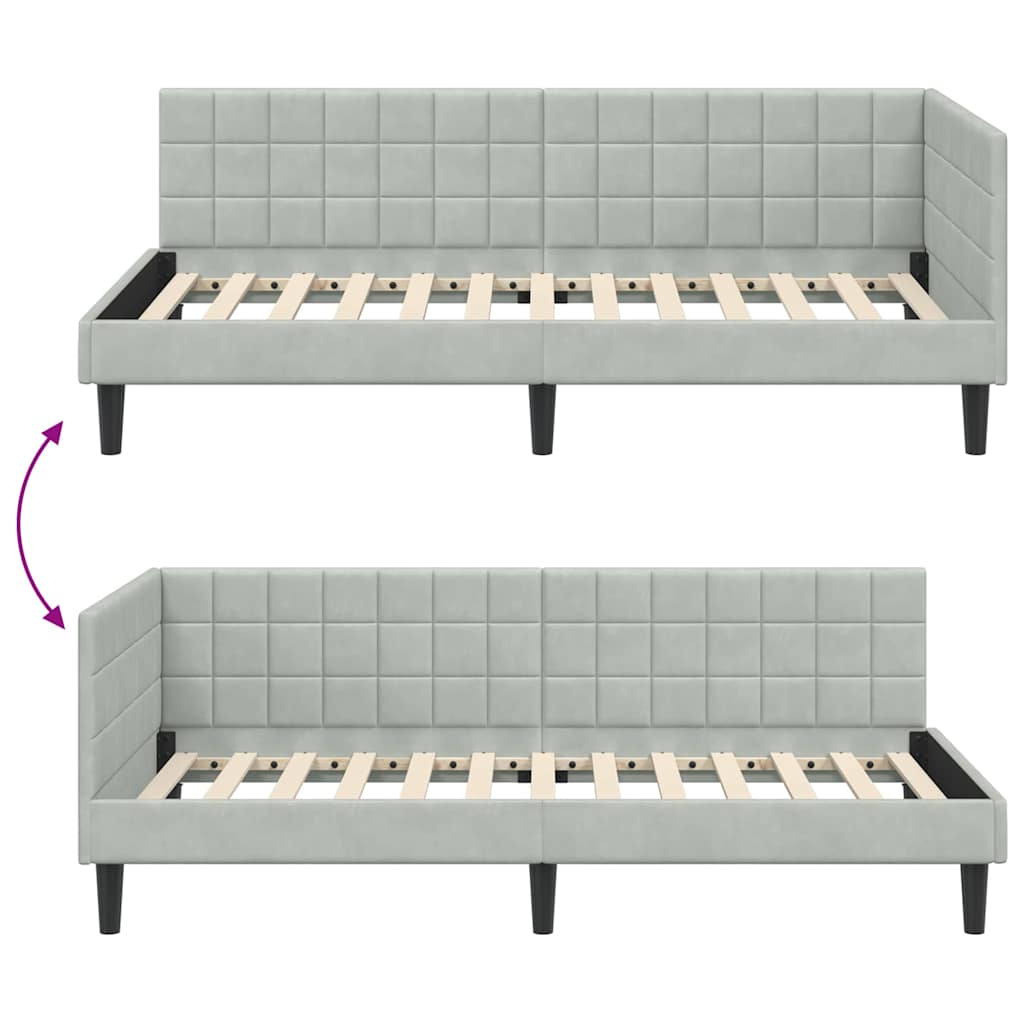 Sarokágy keret fejtámlával Világosszürke 90 x 200 cm Bársony