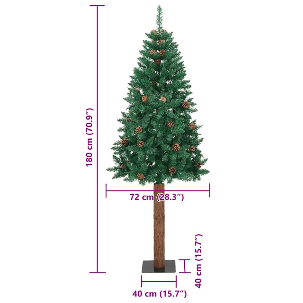 Karcsú karácsonyfa 300 LED-del Zöld 180 cm PVC és tömör fenyőfa