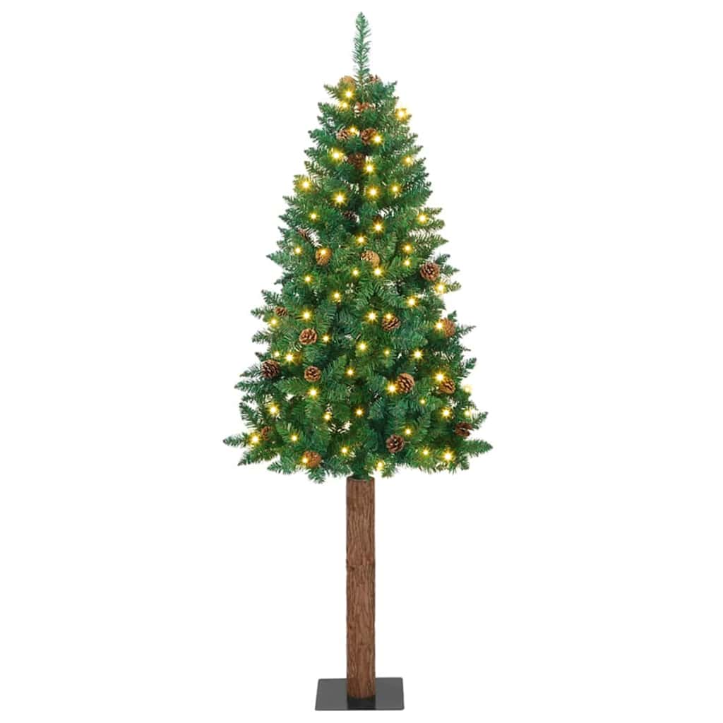 Karcsú karácsonyfa 300 LED-del Zöld 210 cm PVC és tömör fenyőfa