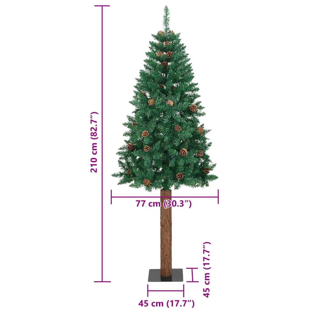 Karcsú karácsonyfa 300 LED-del Zöld 210 cm PVC és tömör fenyőfa