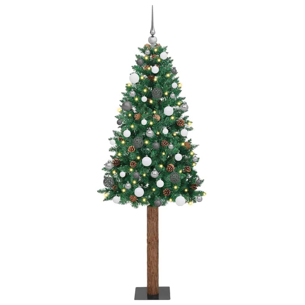 Karcsú karácsonyfa 300 LED-del Zöld 210 cm PVC és tömör fenyőfa