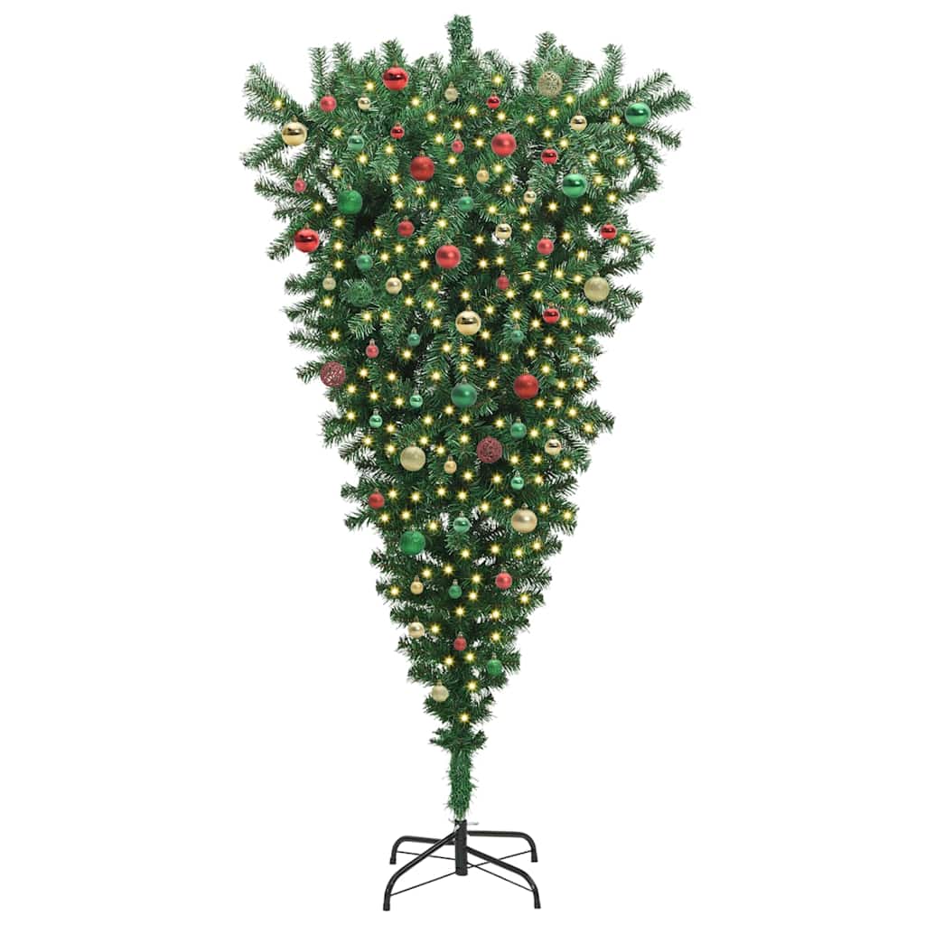 Felfelé álló műfenyő, világítással, gömbökkel Zöld 180 cm PVC