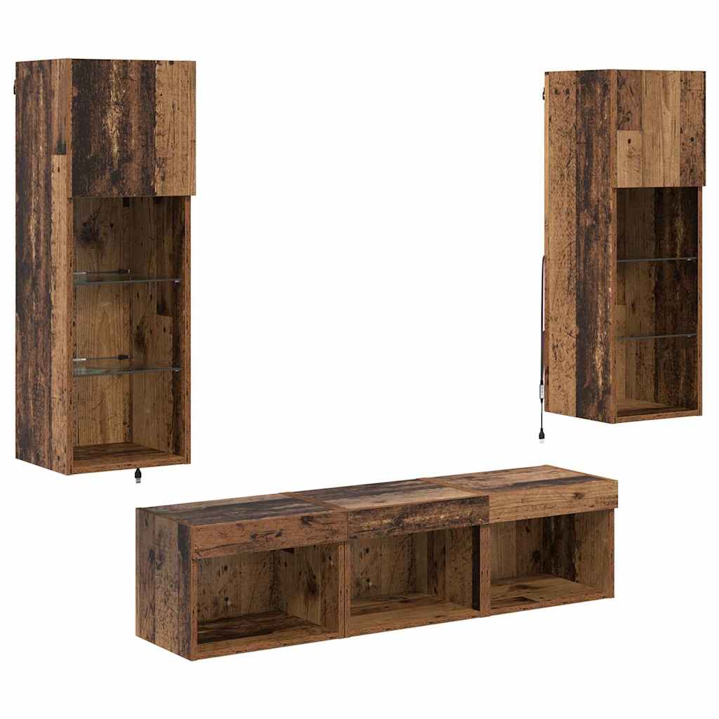 TV Fali Egységek LED -es lámpákkal 5 pcs Fekete tölgy Faanyag