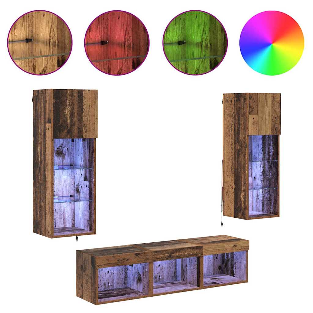 TV Fali Egységek LED -es lámpákkal 5 pcs Fekete tölgy Faanyag