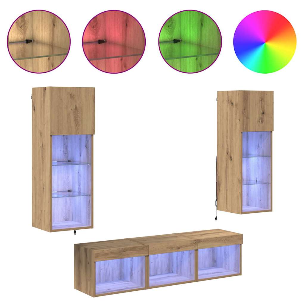 TV Fali Egységek LED -es lámpákkal 5 pcs Fekete tölgy Faanyag