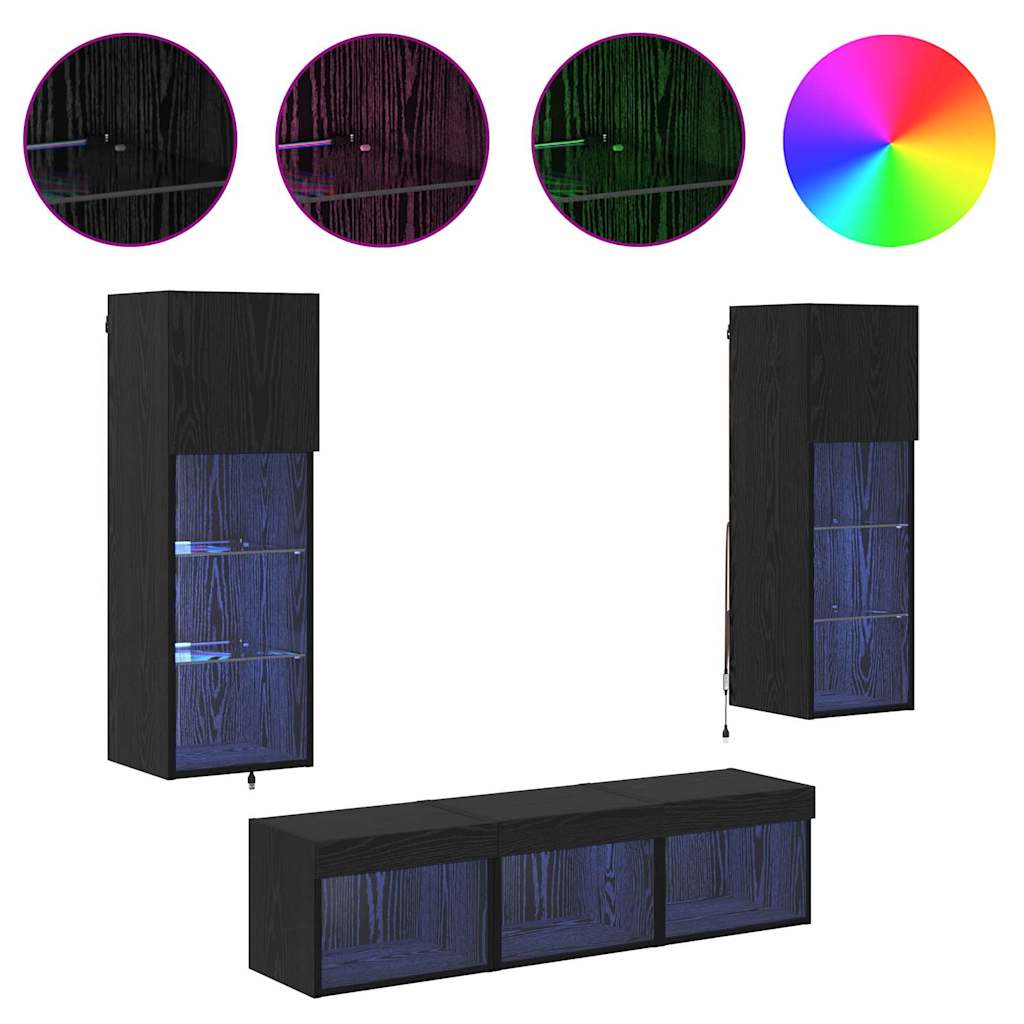 TV Fali Egységek LED -es lámpákkal 5 pcs Fekete tölgy Faanyag