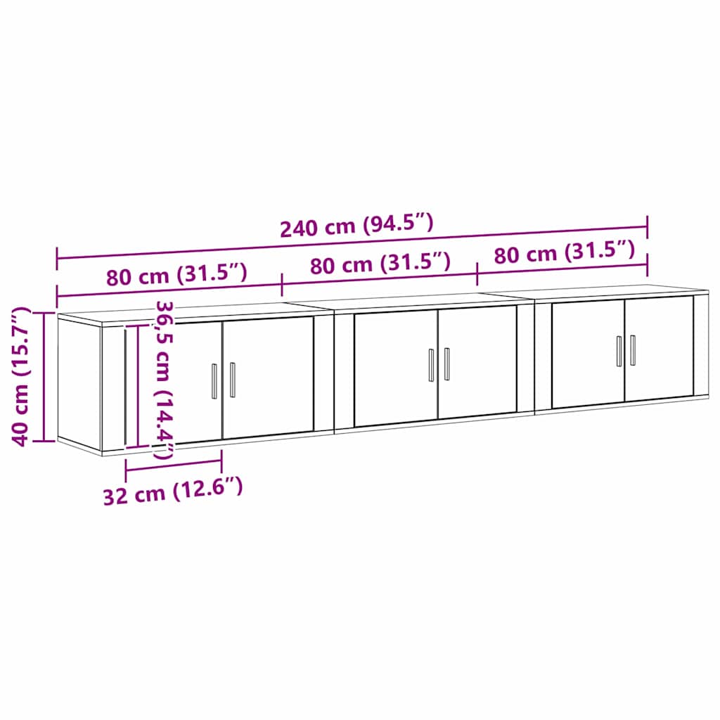 Fali TV szekrény szett 3 pcs Fekete tölgy 80 x 34,5 x 40 cm